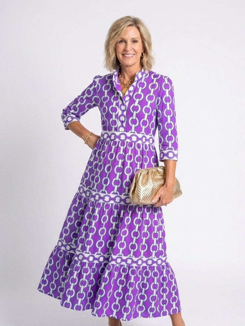 Ysolde | Robe Midi à Manches Trois Quarts avec Motif Chaîne