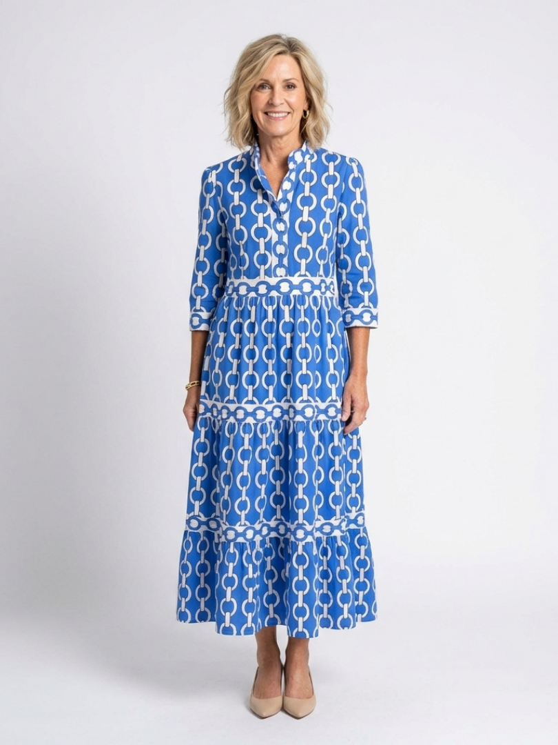 Ysolde | Robe Midi à Manches Trois Quarts avec Motif Chaîne