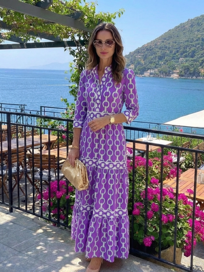 Ysolde | Robe Midi à Manches Trois Quarts avec Motif Chaîne