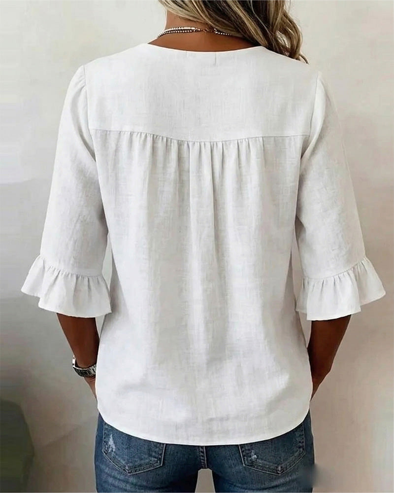 Sophia Chemisier uni en coton-lin avec boutons en bois et volants