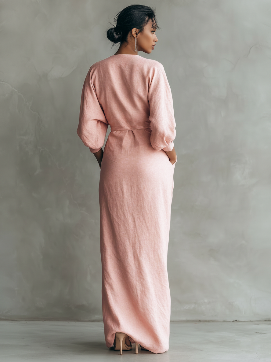 Robe Maxi en Lin Rose Décolleté en V