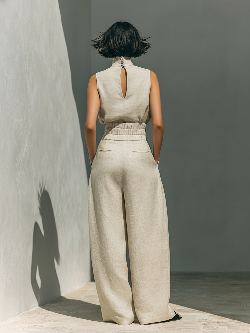 Maria - Ensemble débardeur et pantalons larges en coton et lin minimaliste pour femme
