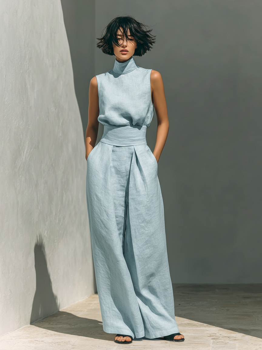 Maria - Ensemble débardeur et pantalons larges en coton et lin minimaliste pour femme
