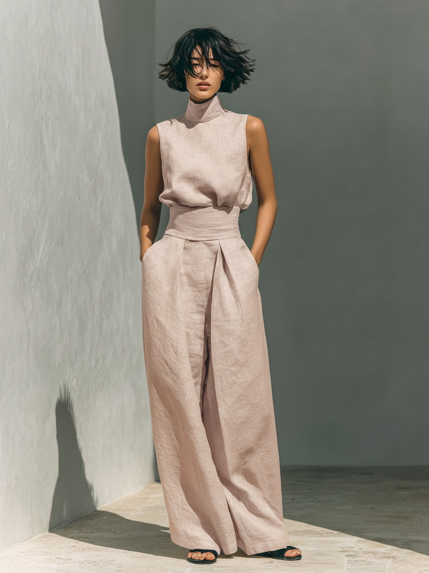 Maria - Ensemble débardeur et pantalons larges en coton et lin minimaliste pour femme
