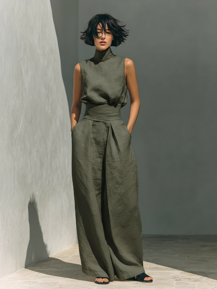 Maria - Ensemble débardeur et pantalons larges en coton et lin minimaliste pour femme