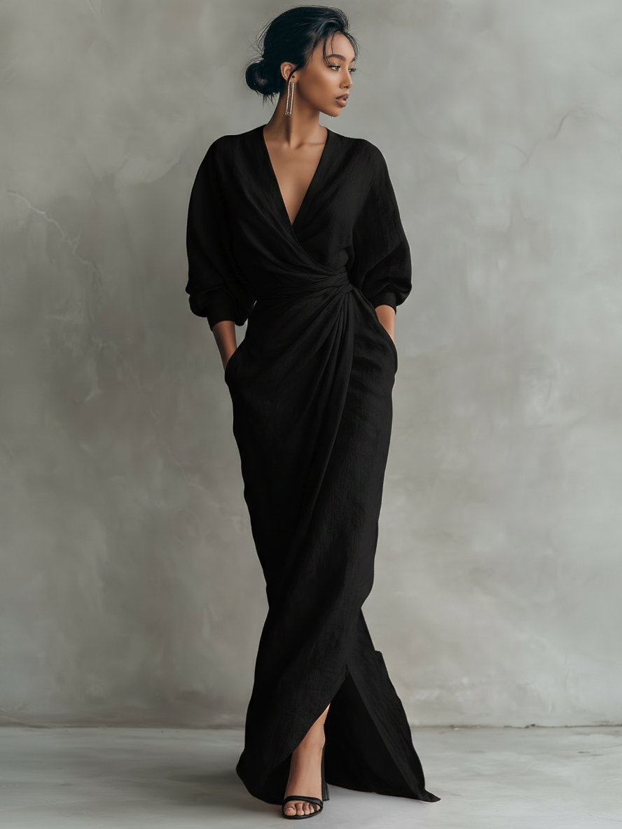 Robe Maxi en Lin Rose Décolleté en V