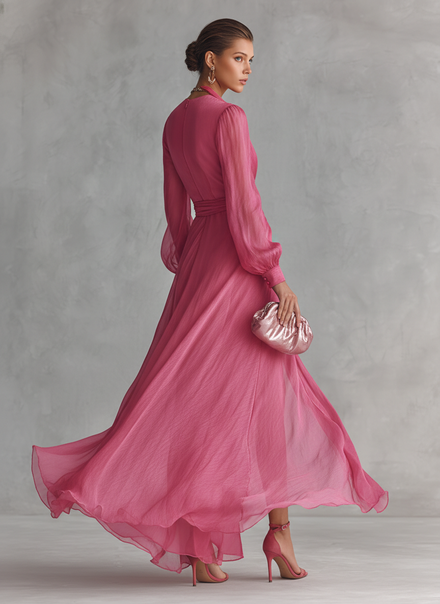 Robe Chiffon Rose V-Cou