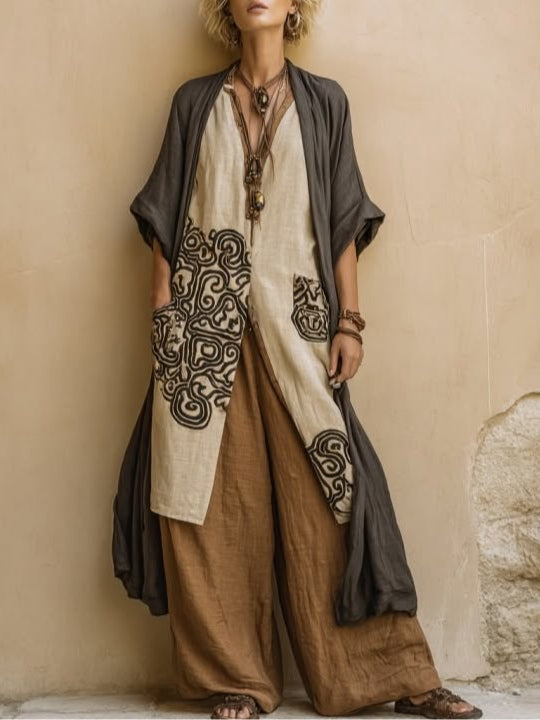 TEODORA - ENSEMBLE ÉTHNIQUE BOHO AVEC KIMONO ET PANTALON PALAZZO