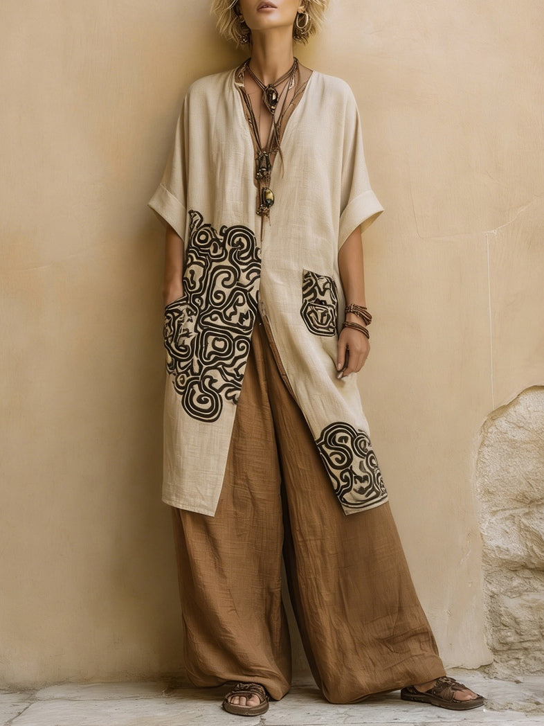 TEODORA - ENSEMBLE ÉTHNIQUE BOHO AVEC KIMONO ET PANTALON PALAZZO