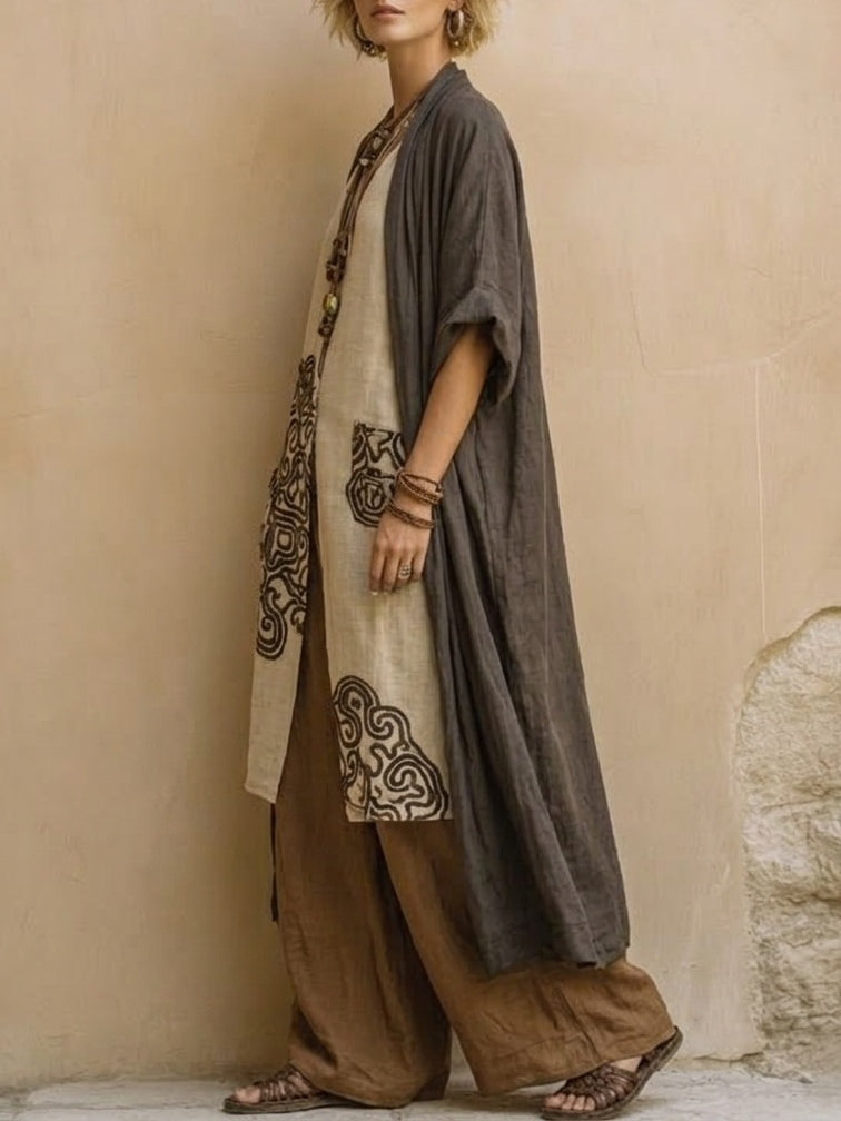 TEODORA - ENSEMBLE ÉTHNIQUE BOHO AVEC KIMONO ET PANTALON PALAZZO