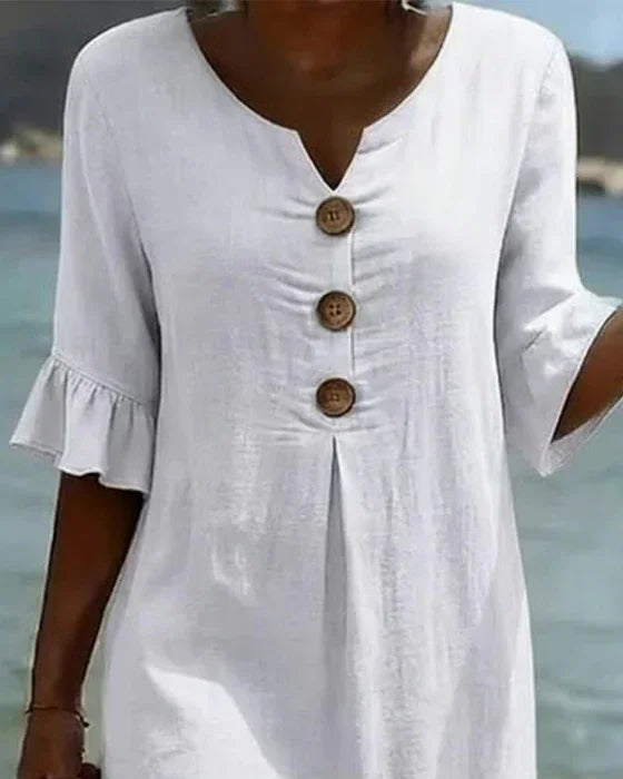 Vanesa | Robe en lin texturé avec manches bouffantes et boutons