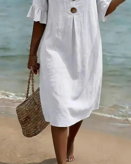 Vanesa | Robe en lin texturé avec manches bouffantes et boutons