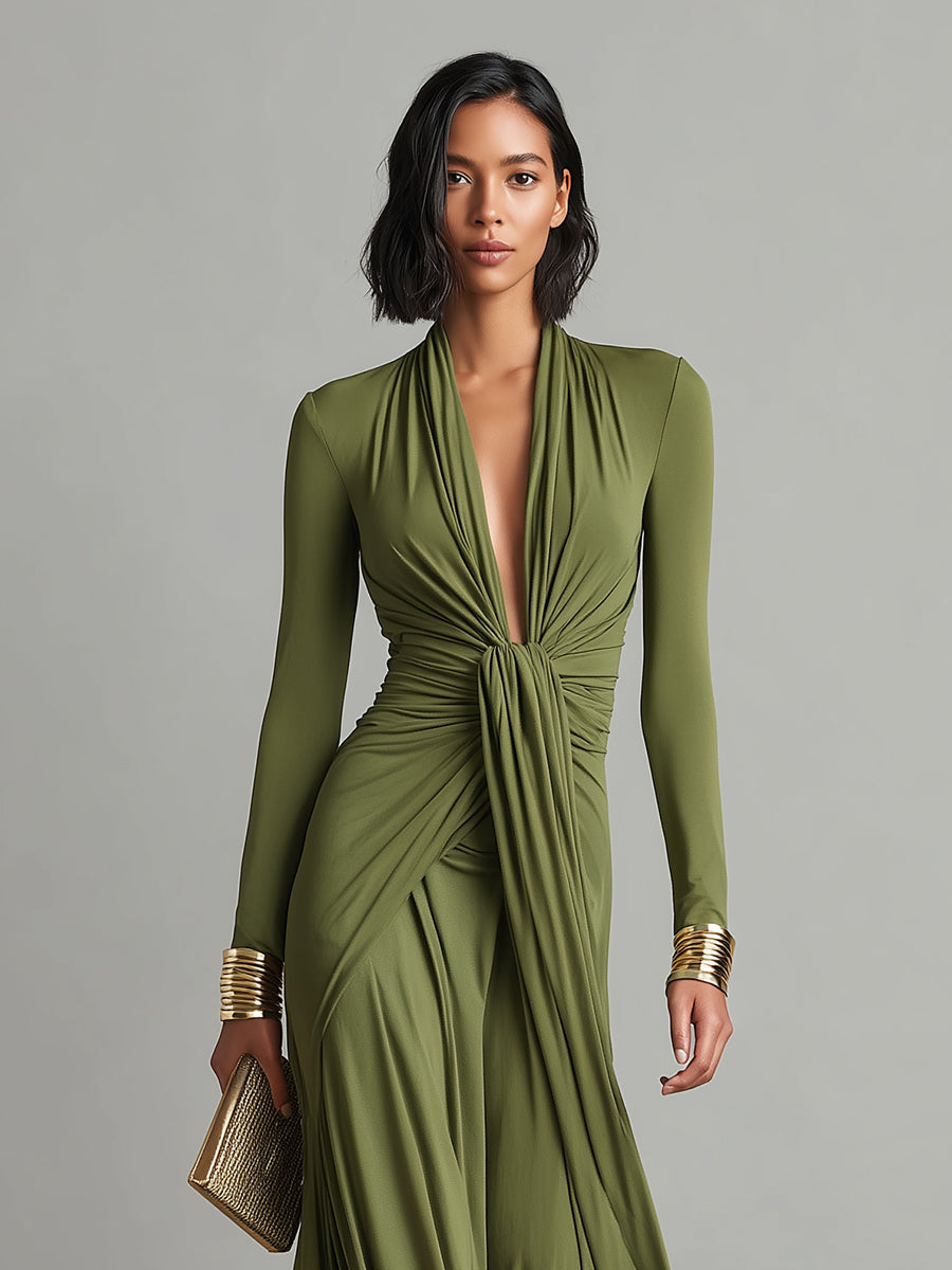 Robe Maxi en Soie Olive à Décolleté V