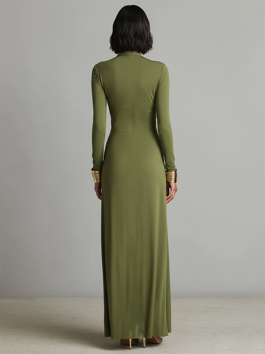 Robe Maxi en Soie Olive à Décolleté V