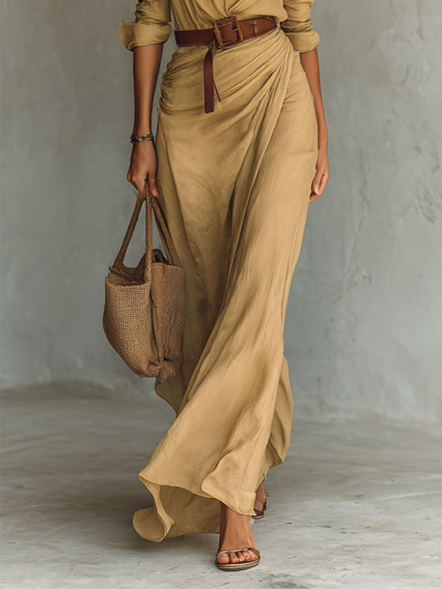 Robe maxi à col revers à manches longues