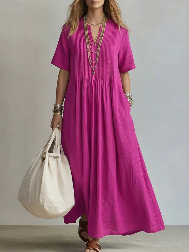 Betsaida – Robe Maxi à Col V avec Manches Courtes et Coupe Fluide