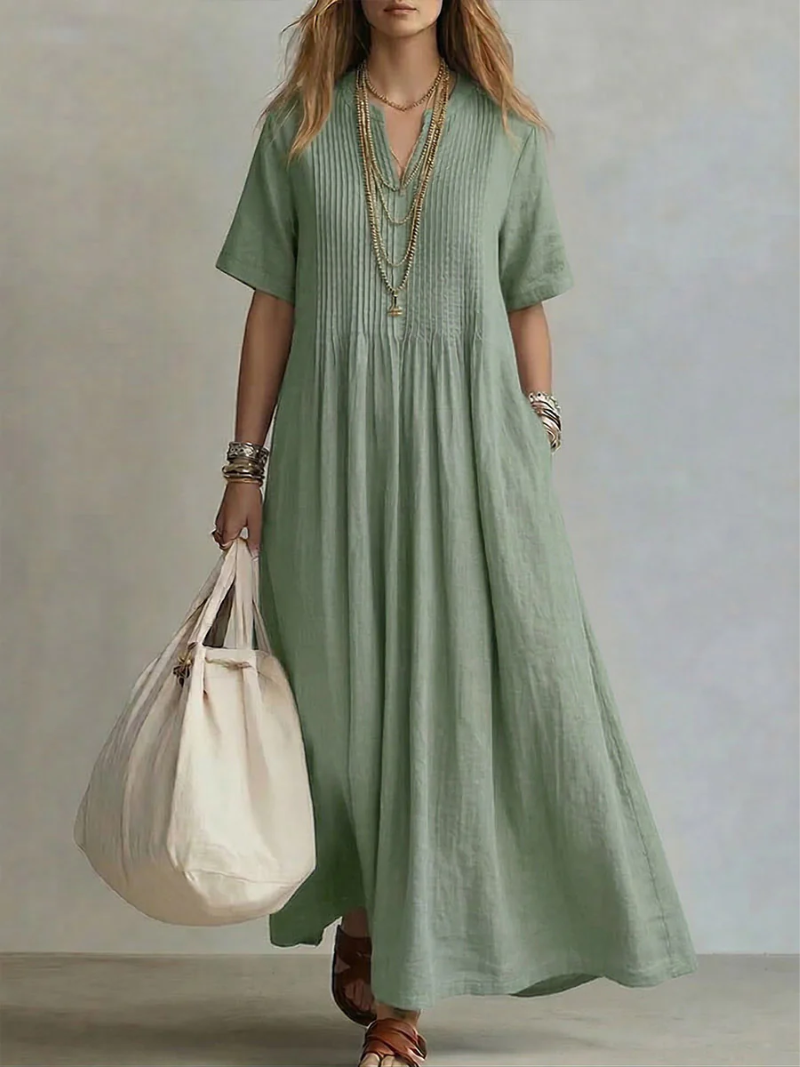 Betsaida – Robe Maxi à Col V avec Manches Courtes et Coupe Fluide