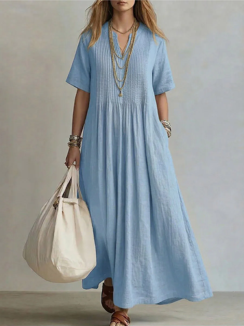 Betsaida – Robe Maxi à Col V avec Manches Courtes et Coupe Fluide