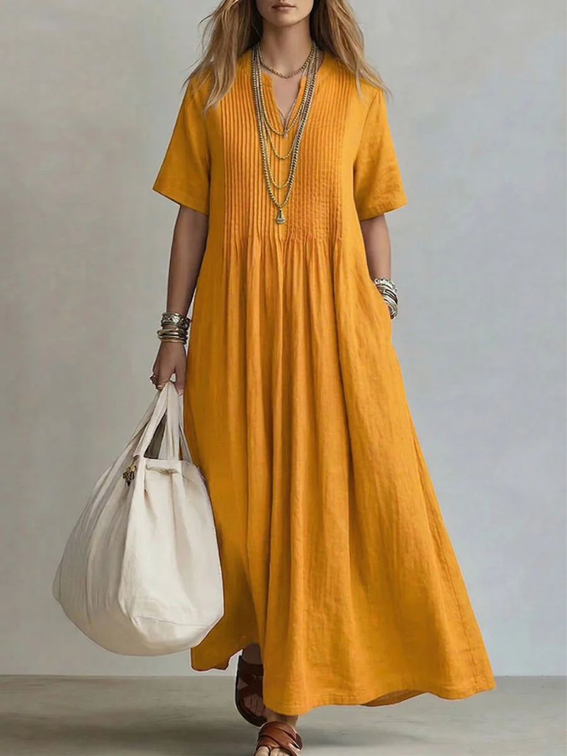 Betsaida – Robe Maxi à Col V avec Manches Courtes et Coupe Fluide