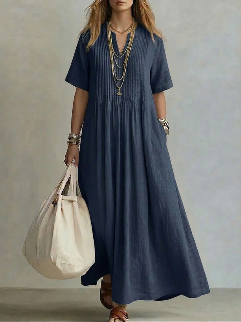 Betsaida – Robe Maxi à Col V avec Manches Courtes et Coupe Fluide