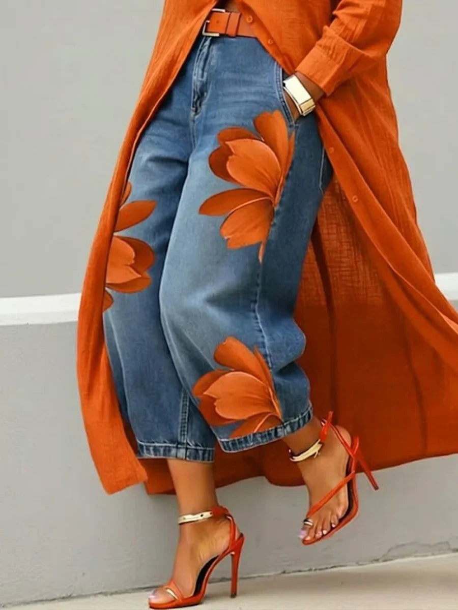 Maud - Robe chemise en lin et jean à motifs floraux