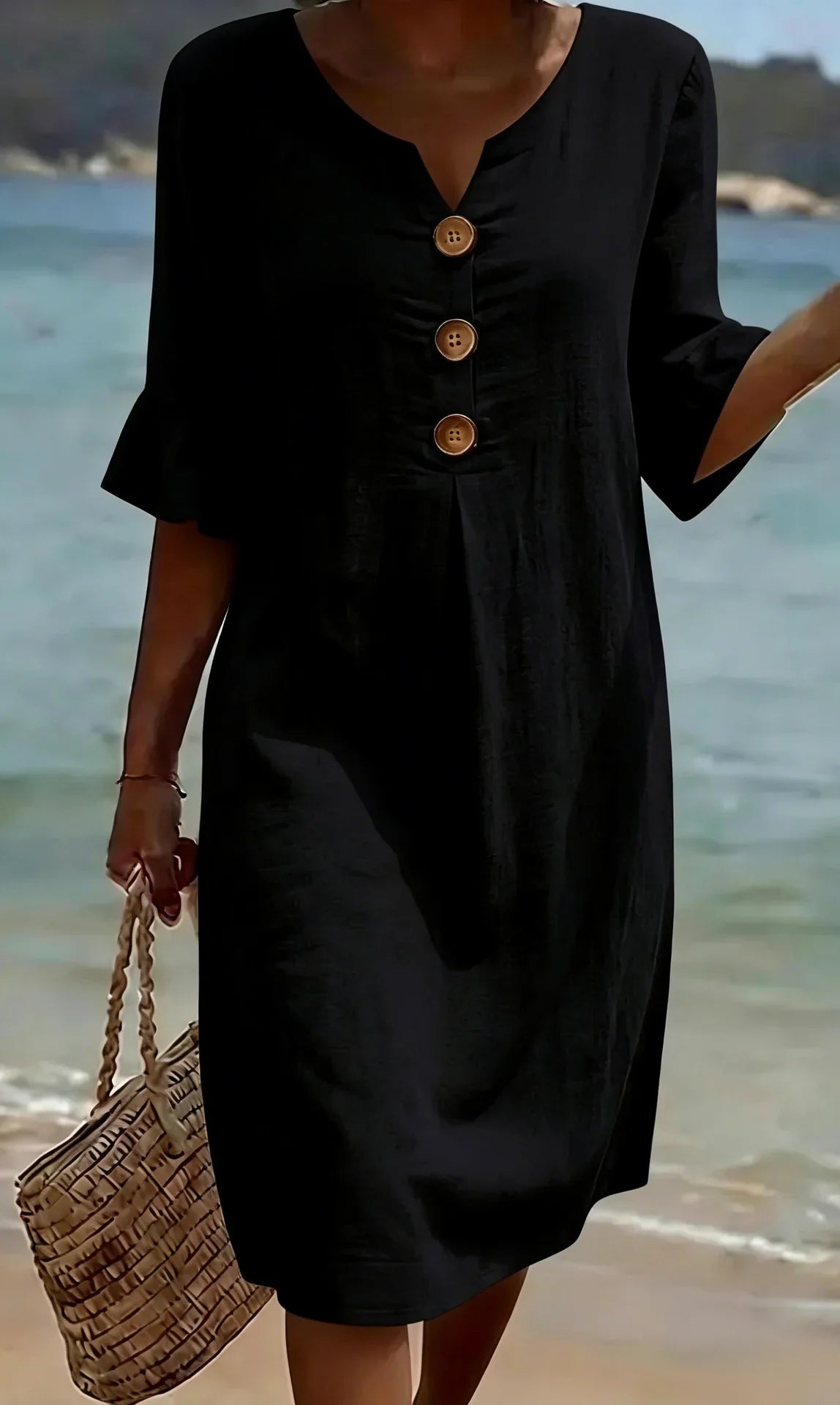 Vanesa | Robe en lin texturé avec manches bouffantes et boutons