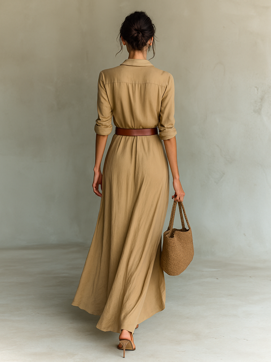 Robe maxi à col revers à manches longues