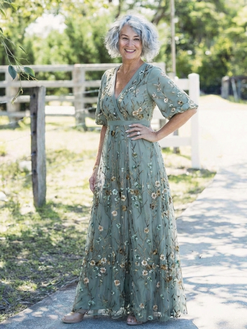 Evade | Robe maxi à manches courtes et décolleté en V floral