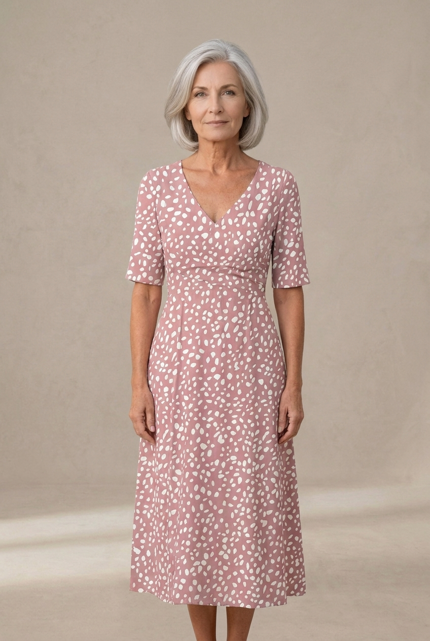 Camille | Robe midi élégante à pois qui aplatit le ventre