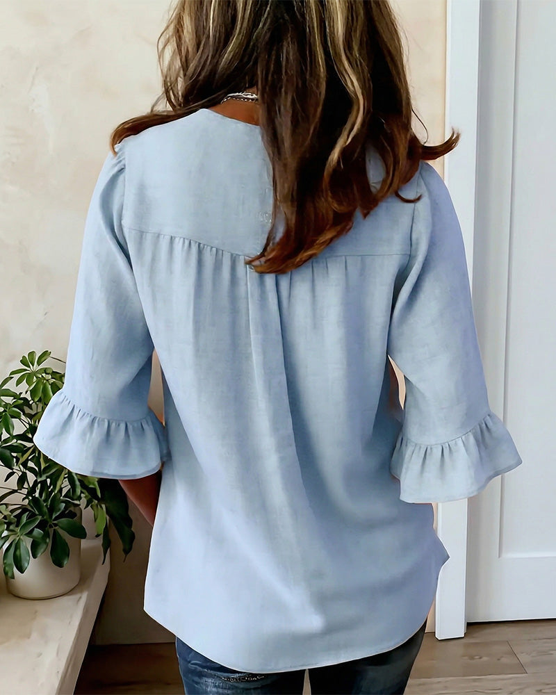 Sophia Chemisier uni en coton-lin avec boutons en bois et volants