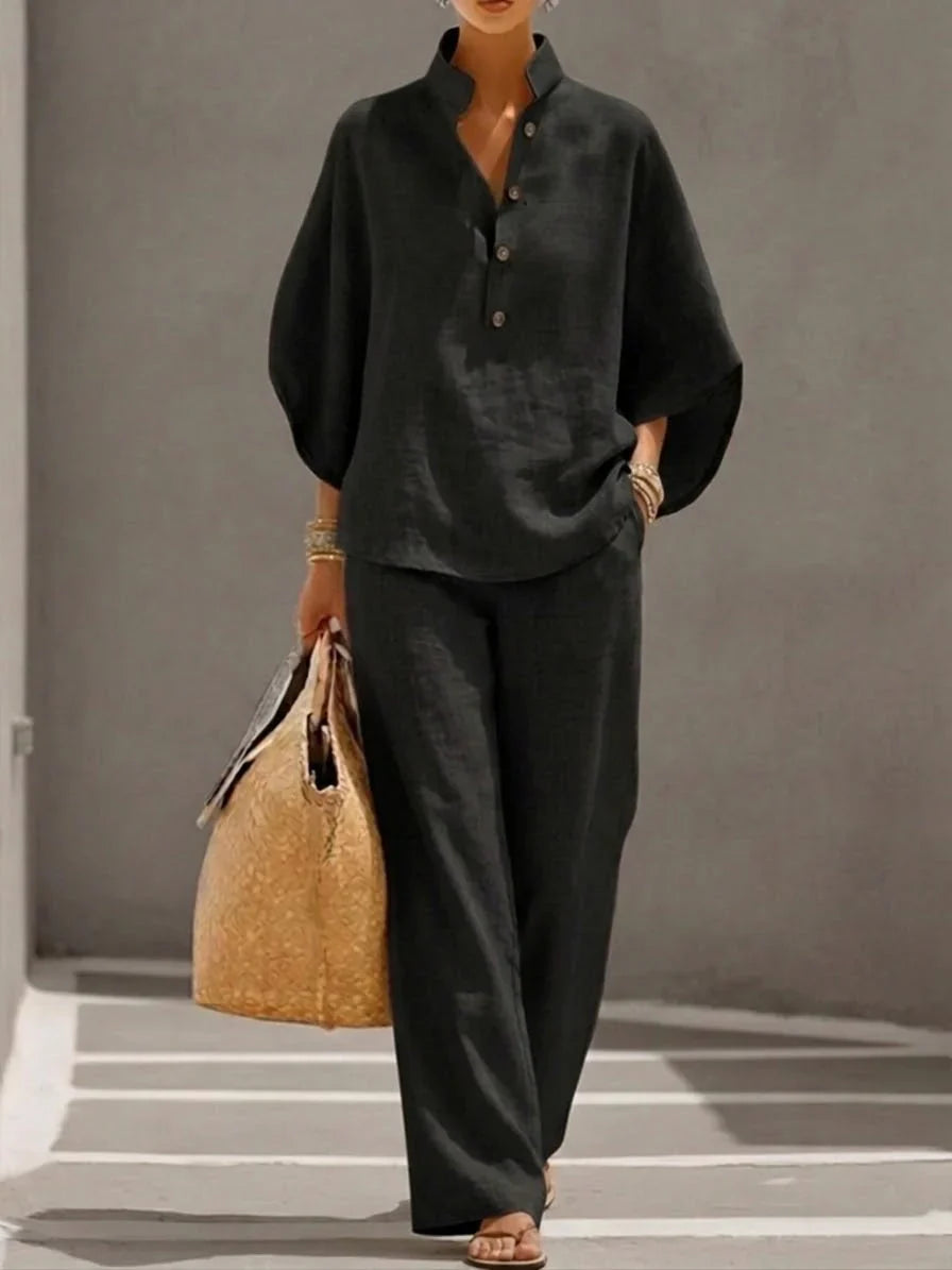 Maribel™ | Ensemble en lin avec manches chauve-souris et pantalon large