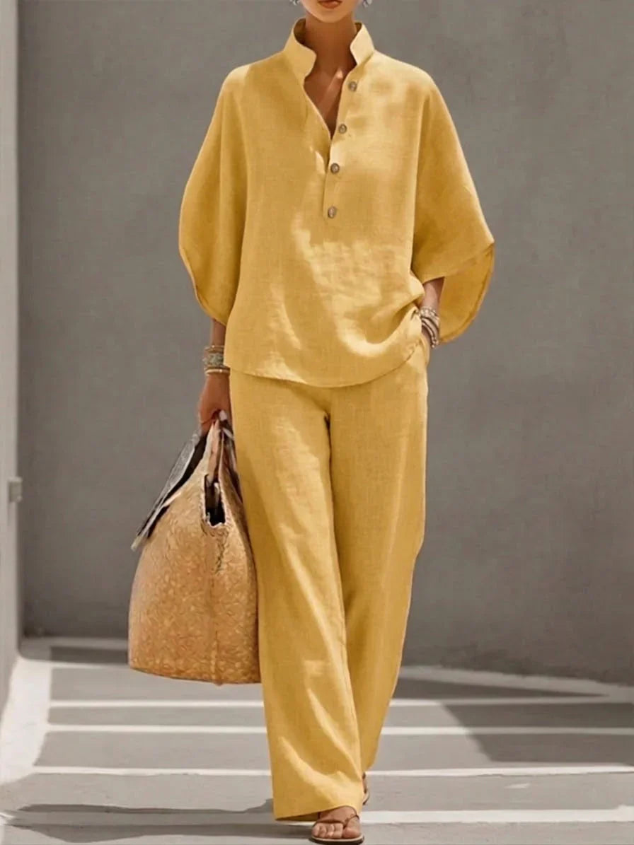 Maribel™ | Ensemble en lin avec manches chauve-souris et pantalon large