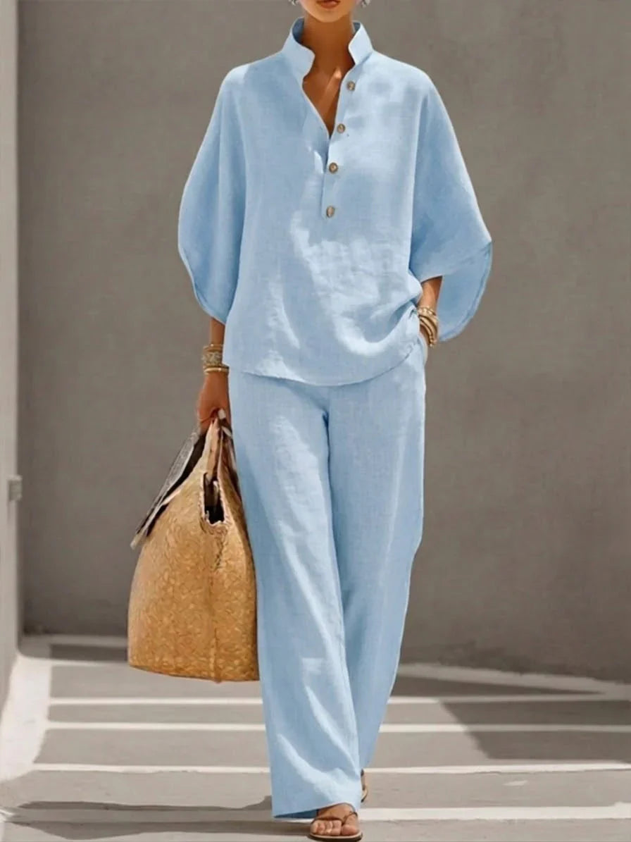 Maribel™ | Ensemble en lin avec manches chauve-souris et pantalon large