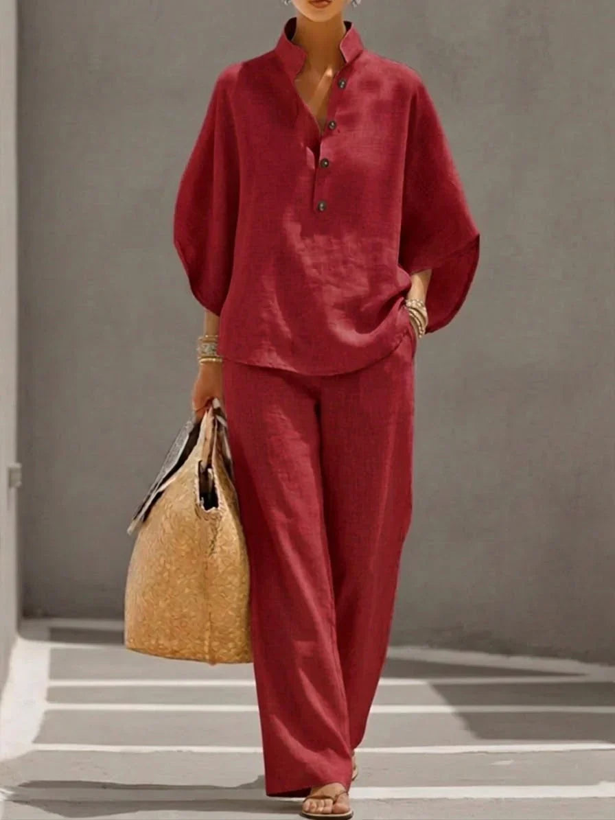 Maribel™ | Ensemble en lin avec manches chauve-souris et pantalon large