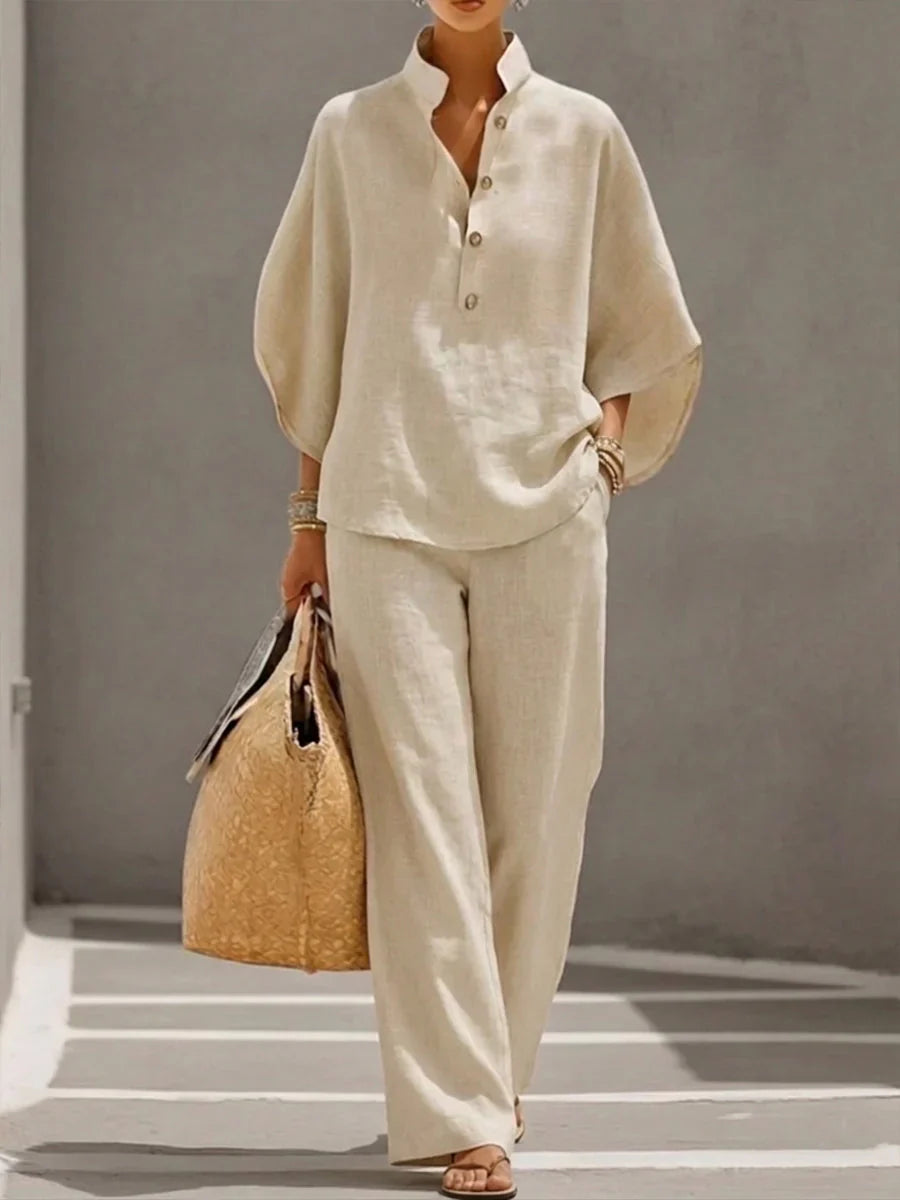Maribel™ | Ensemble en lin avec manches chauve-souris et pantalon large
