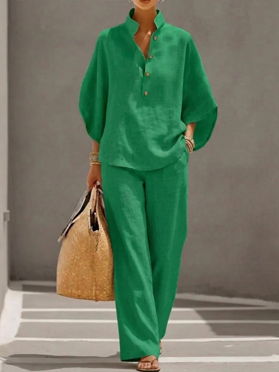 Maribel™ | Ensemble en lin avec manches chauve-souris et pantalon large